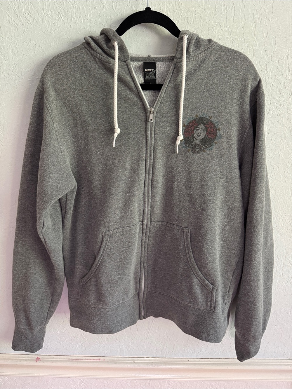 Y2K Obey Grey Zip Up Graphic Hoodie Make Art Not War Women's XS